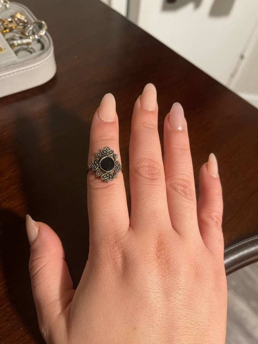 Vintage-Inspired Black Stone Floral Sterling Ring
